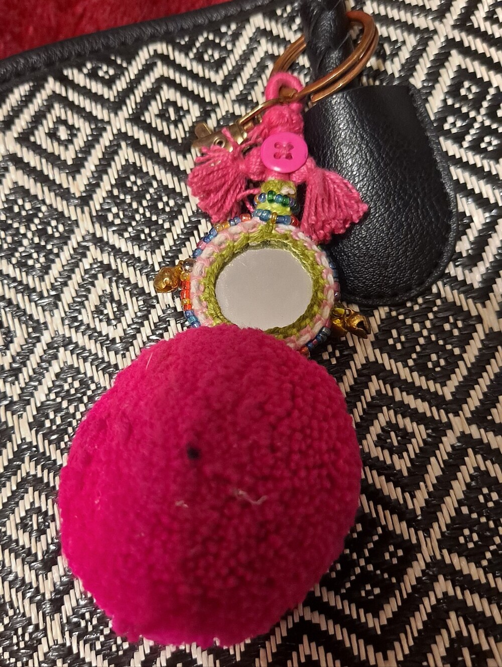 Nieman Marcus Black & White Geometric Tote Bag with Pink Pom Accent - Picture 3 of 9